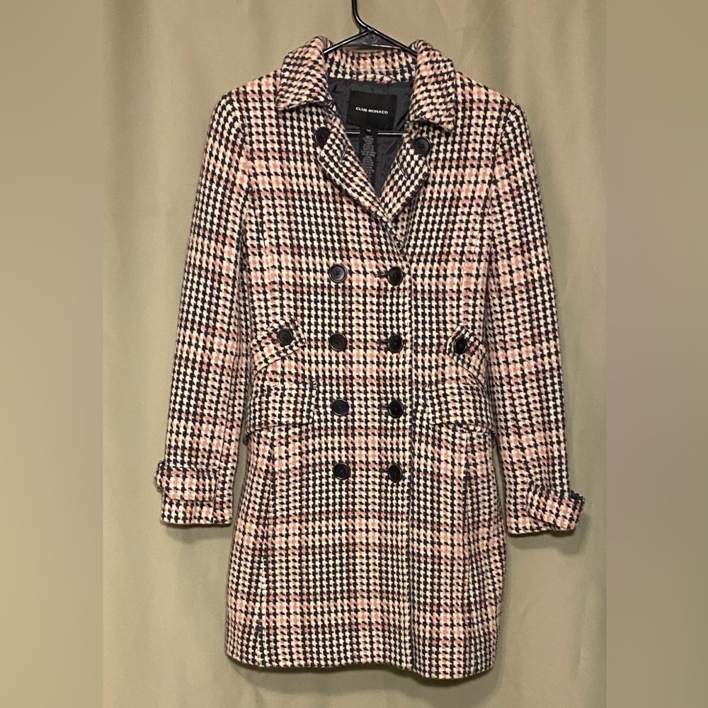 Club Monaco Wool Plaid Pink Grey Collegiate Classic Double Breasted Coat Sz S/P